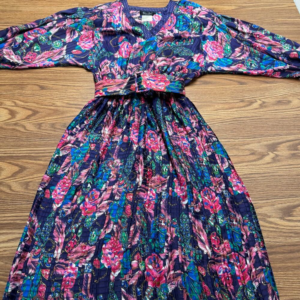 Vintage 80s Diane Freis Style Pleated Floral Jewel Midi Dress SzM Maximalist - Picture 2 of 8